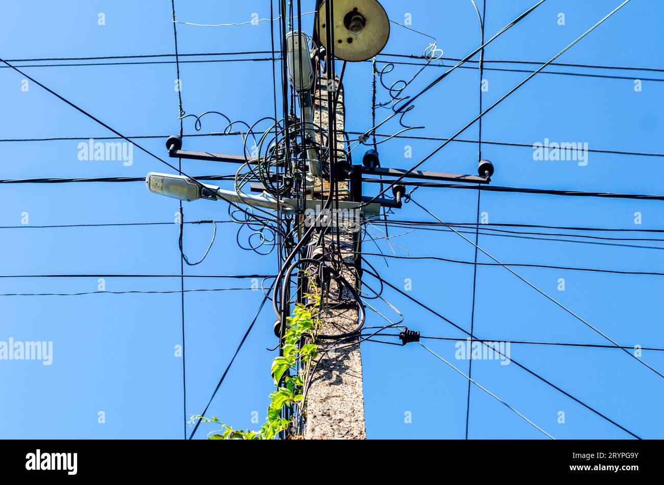 Asta con cavi elettrici e illuminazione stradale con foglie verdi su sfondo blu Foto Stock