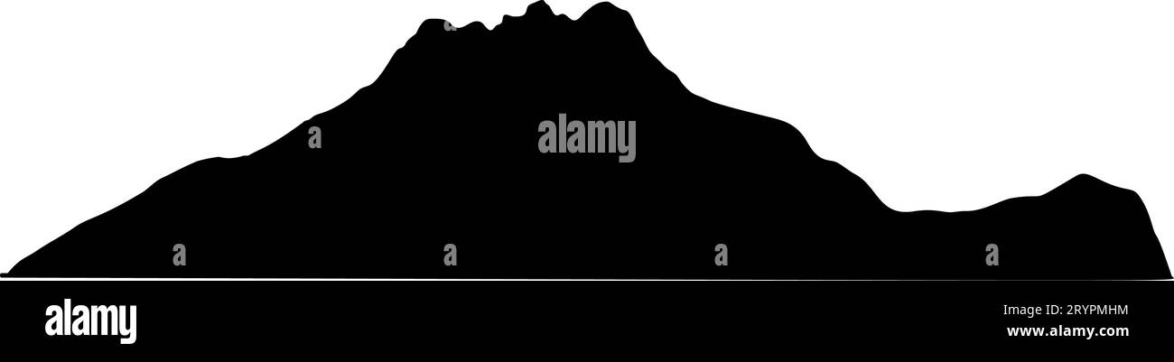 Icona di montagna con silhouette di una catena di neve. Alpi, collina, roccia nera e paesaggio bianco, monte ghiacciato. Illustrazioni vettoriali piatte isolate sullo sfondo. Illustrazione Vettoriale
