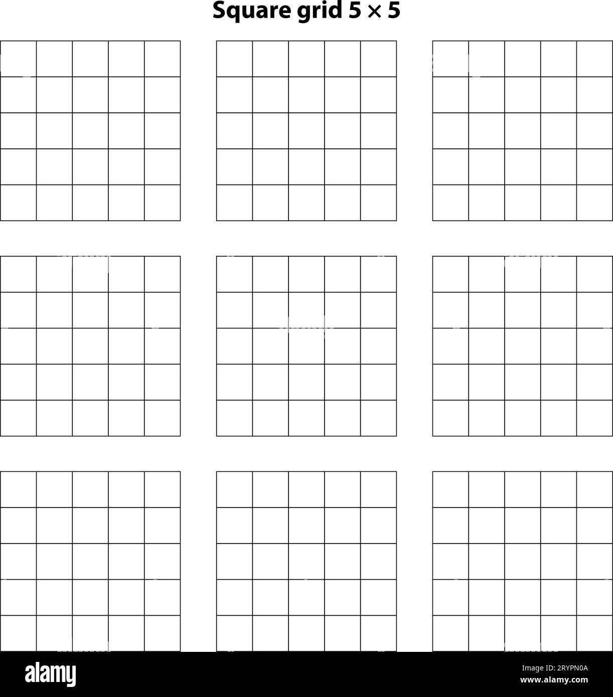 Griglia quadrata con 5 quadrati per 5, griglia blu e illustrazione vettoriale di colore nero. Sfondo bianco con linee di griglia astratte e quadrato nero Illustrazione Vettoriale