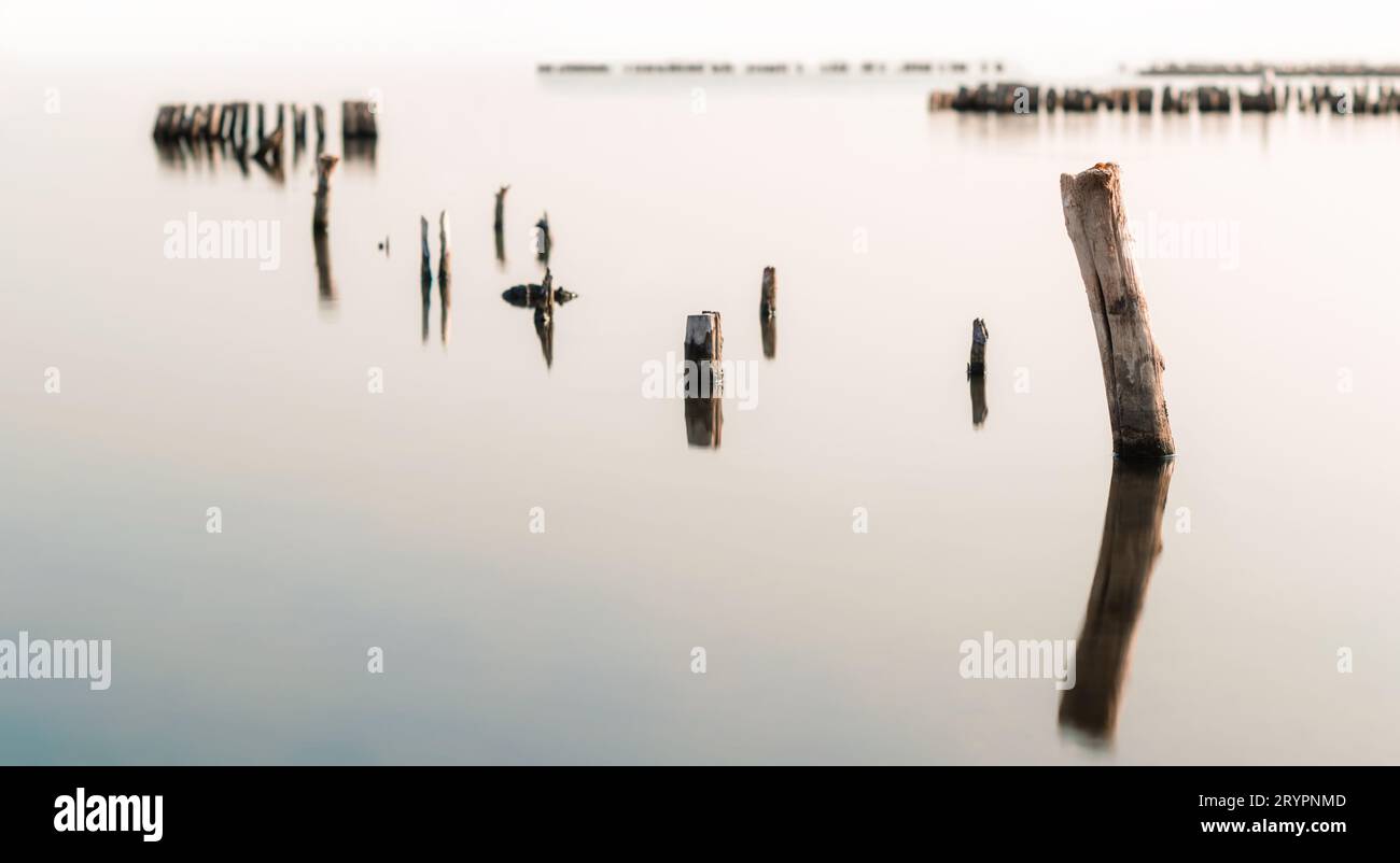 Colonne di legno in una superficie calma dell'acqua Foto Stock