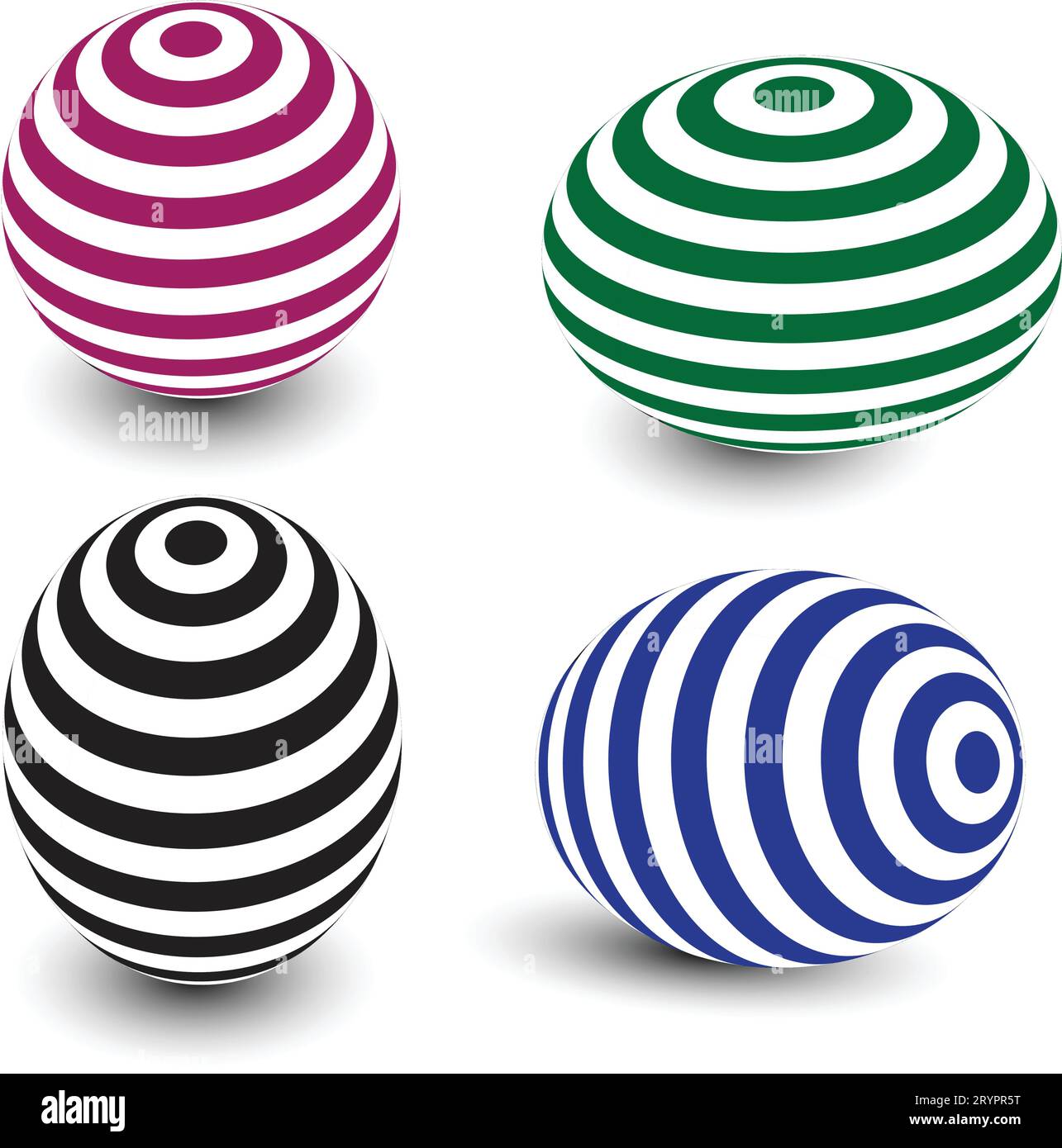 Sfere a strisce. sfera 3d. Set di sfere e sfere su sfondo bianco con un'ombra. Illustrazione vettoriale. Sfera o sfera, forme Illustrazione Vettoriale