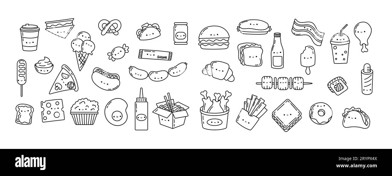 Set Kawaii Sticker Fast Food Coloring Page. Collezione carino Kawaii Fast Food illustrazioni contorno. Illustrazione Vettoriale