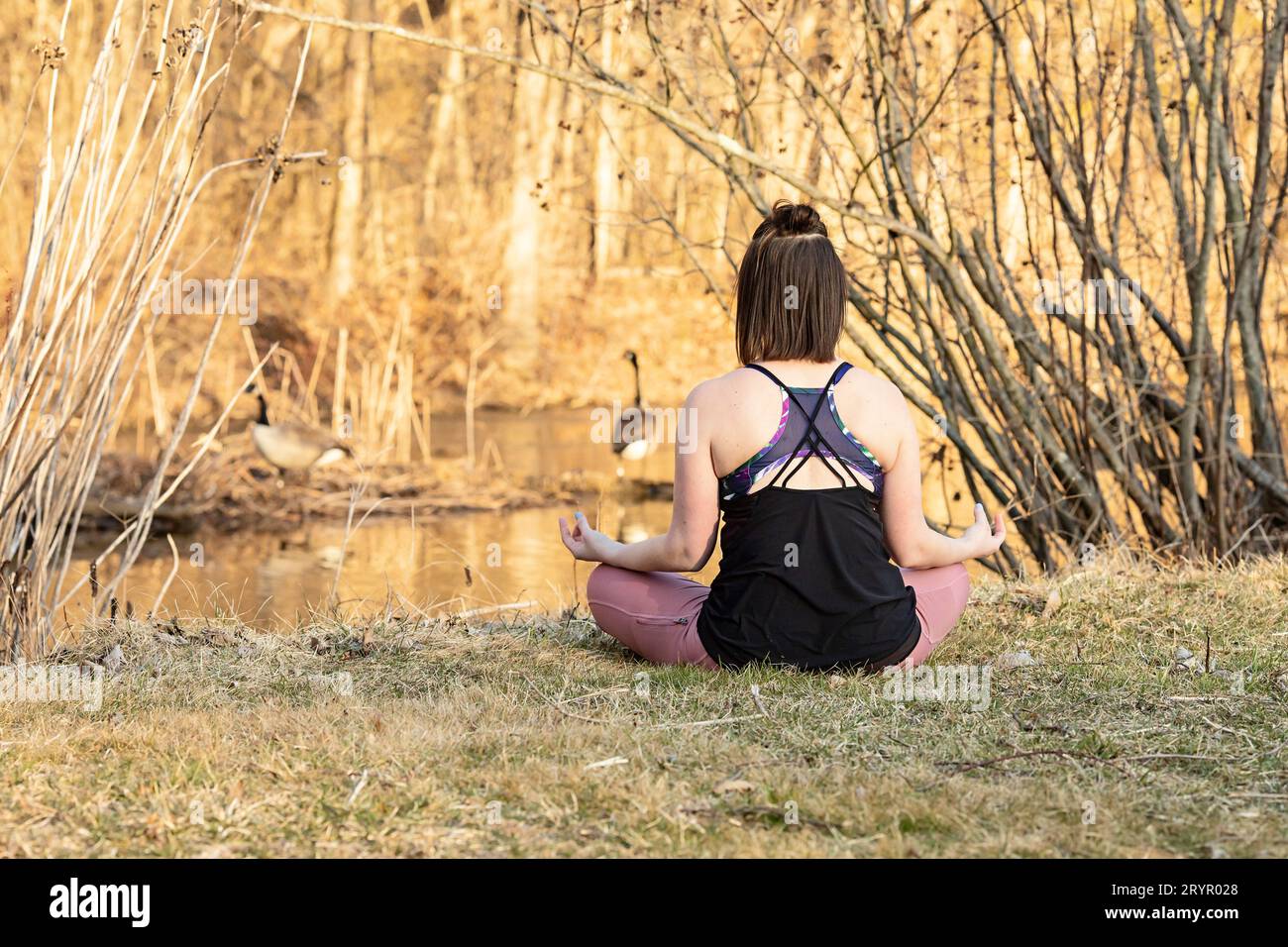 Donna che medita in uno stagno con oche sullo sfondo Foto Stock