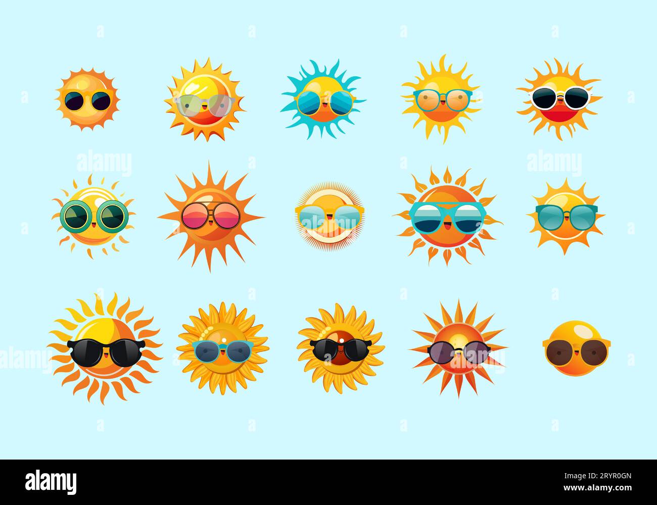 Set di sole con occhiali illustrati Illustrazione Vettoriale