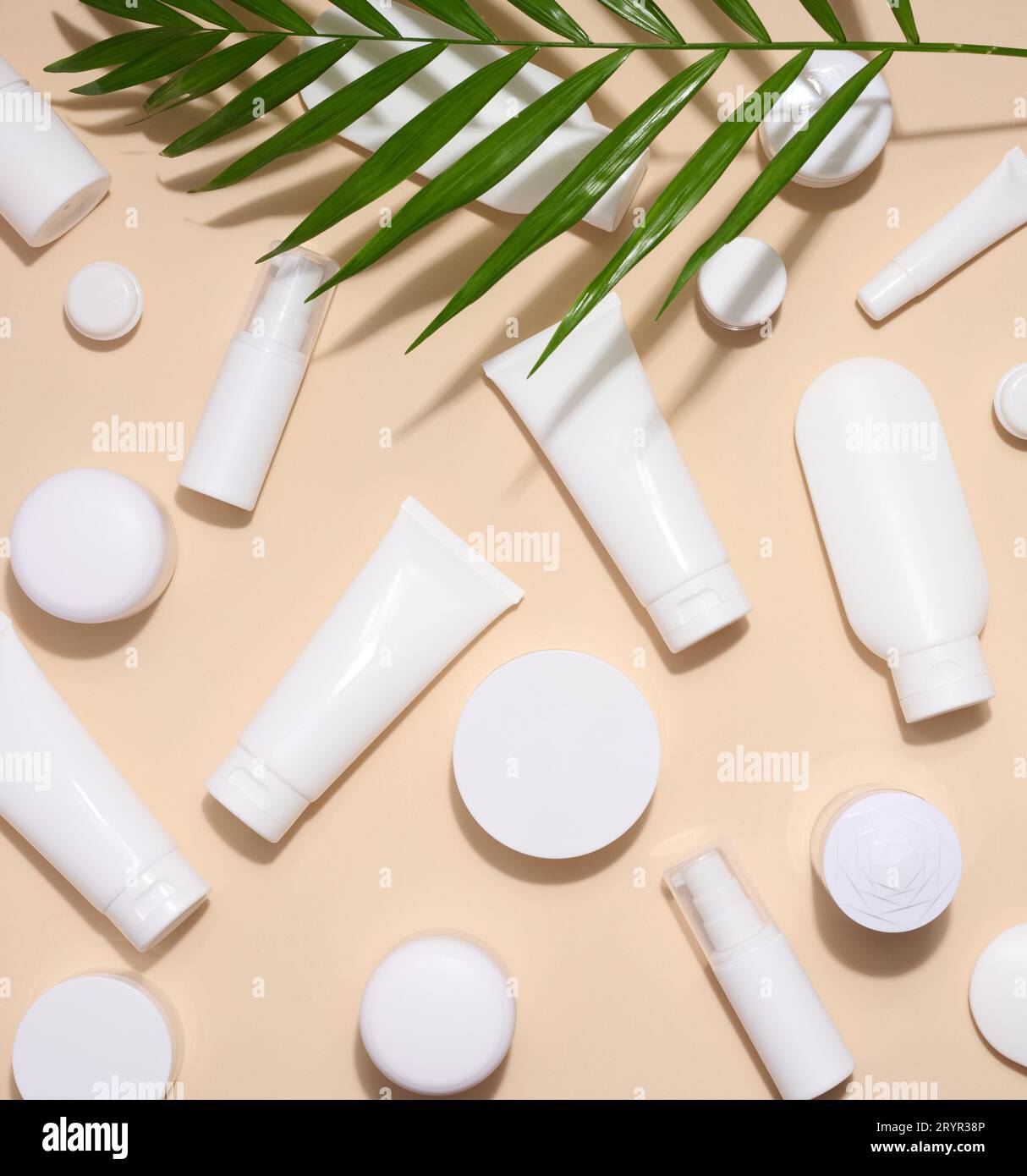 Tubi di plastica bianca, vasi, e rami di gypsofila su uno sfondo beige, contenitori per creme cosmetiche e gel, pubblicità a. Foto Stock