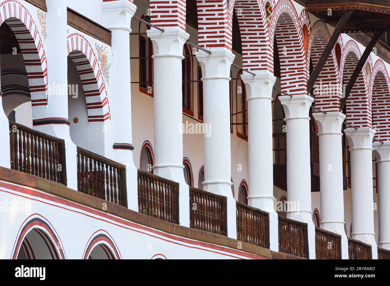 Dettagli architettonici del monastero di Rila, Bulgaria Foto Stock