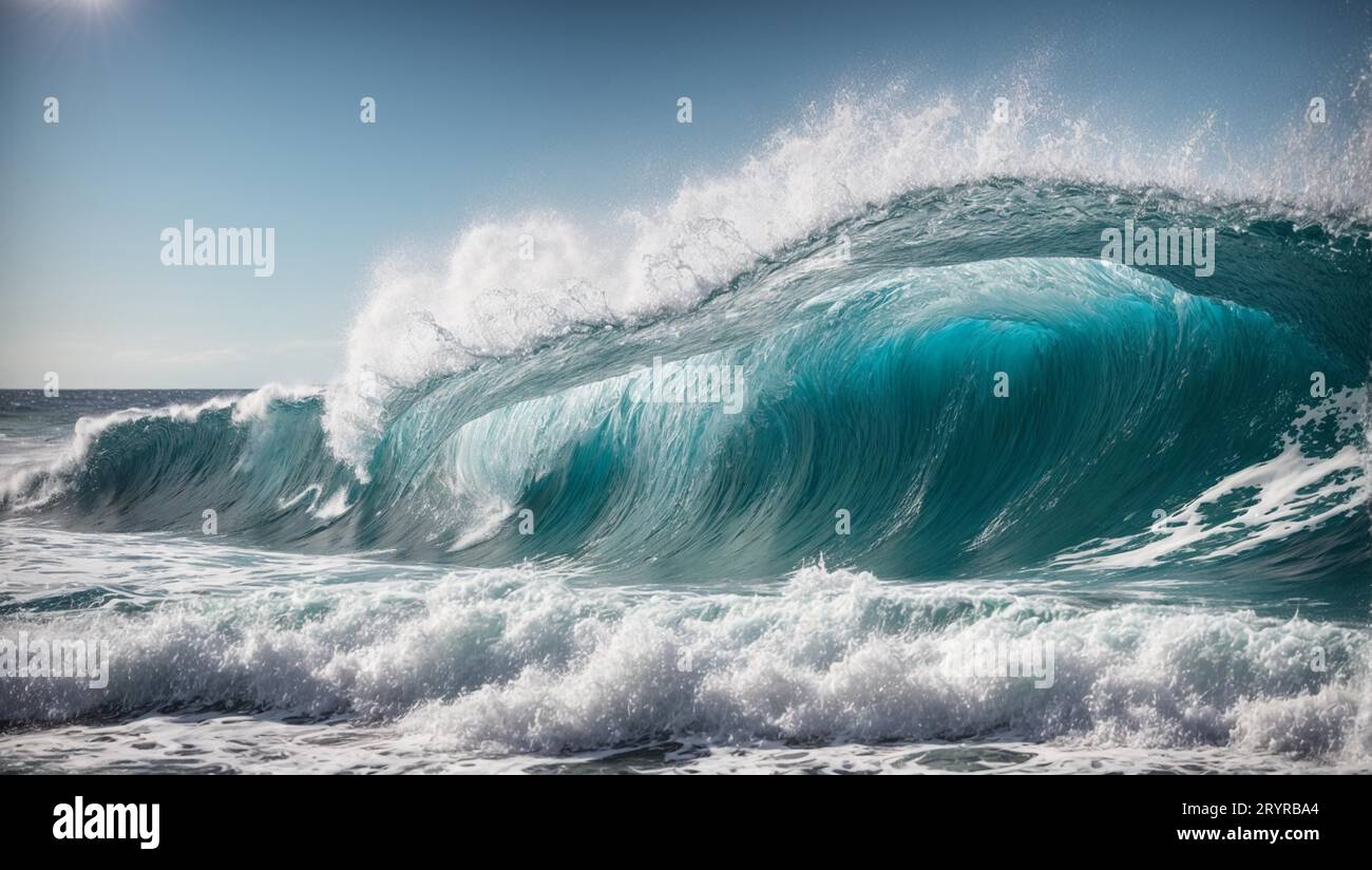 La fotografia ad alta risoluzione cattura un'onda oceanica in movimento, riproducendo in dettaglio la schiuma dell'acqua e lo spray sotto la luce naturale. Foto Stock