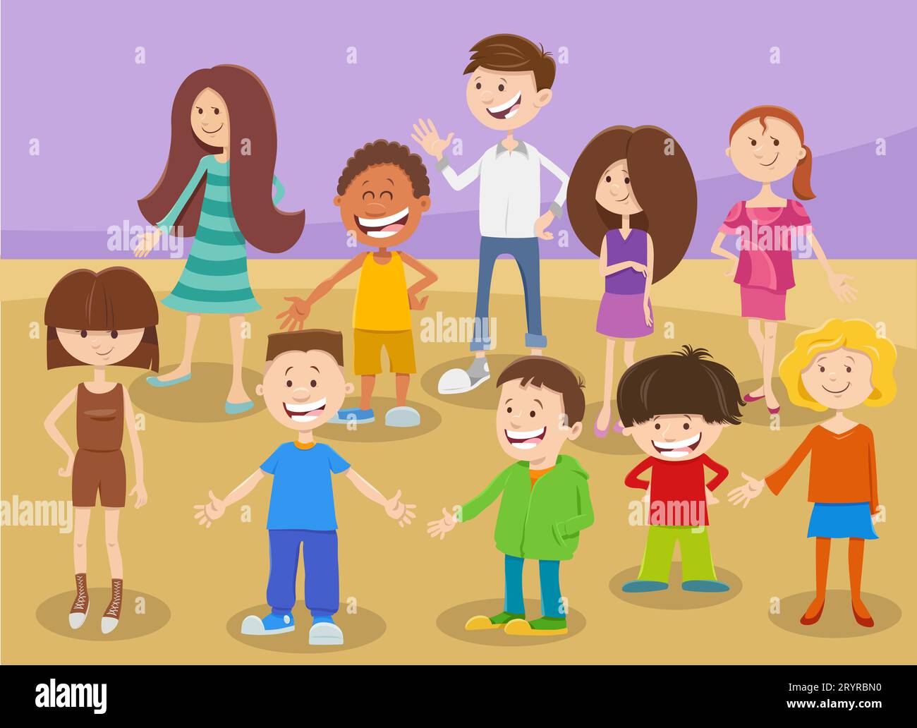 Illustrazione di cartoni animati del gruppo di personaggi dei bambini di età elementare o teenager Foto Stock