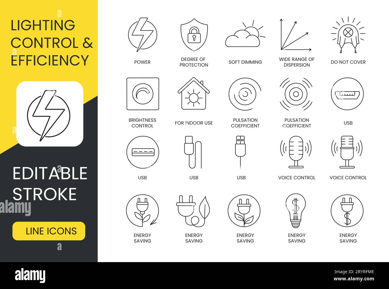 Set di icone di linea efficienti per illuminazione e controllo in vettoriale, corsa modificabile, coefficiente di pulsazione, usb e per uso interno, ampia gamma di dispersione Illustrazione Vettoriale