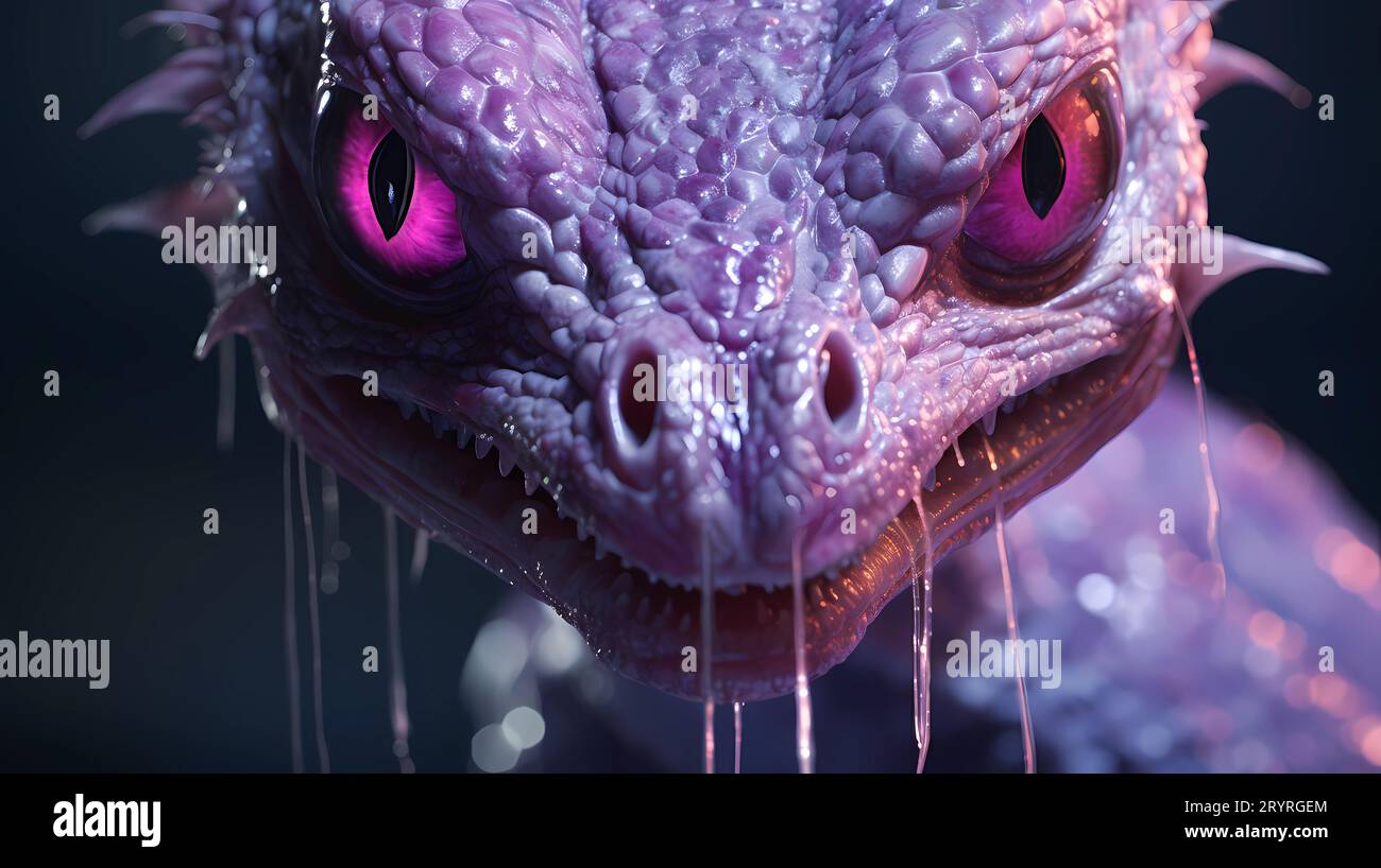 Questa immagine presenta un primo piano del volto di un drago, con gli occhi in una tonalità rosa intensa Foto Stock