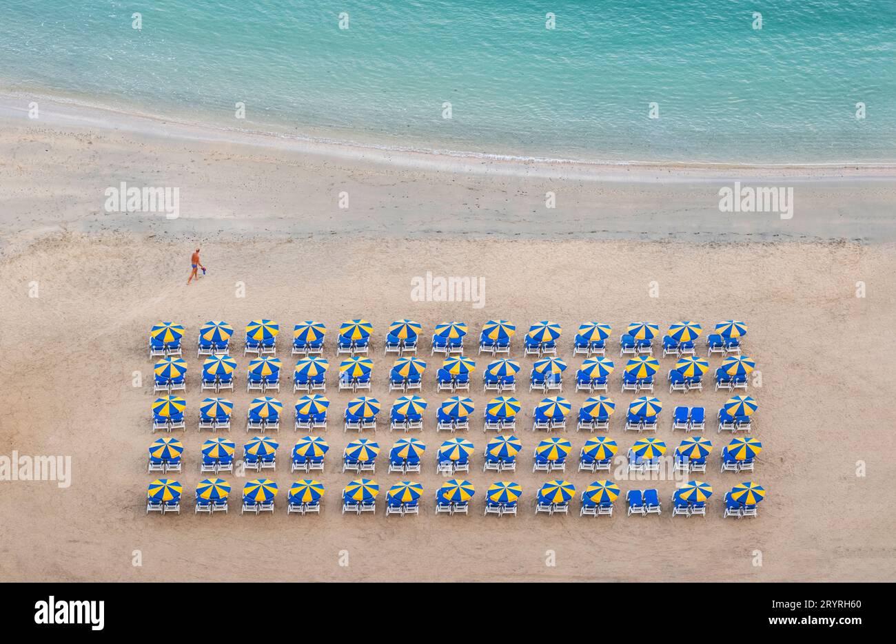 Le sedie a sdraio sono disposte in file sotto ombrelloni colorati vicino al mare su una spiaggia soleggiata ad Amadores, Gran Canaria, Spagna. Foto Stock