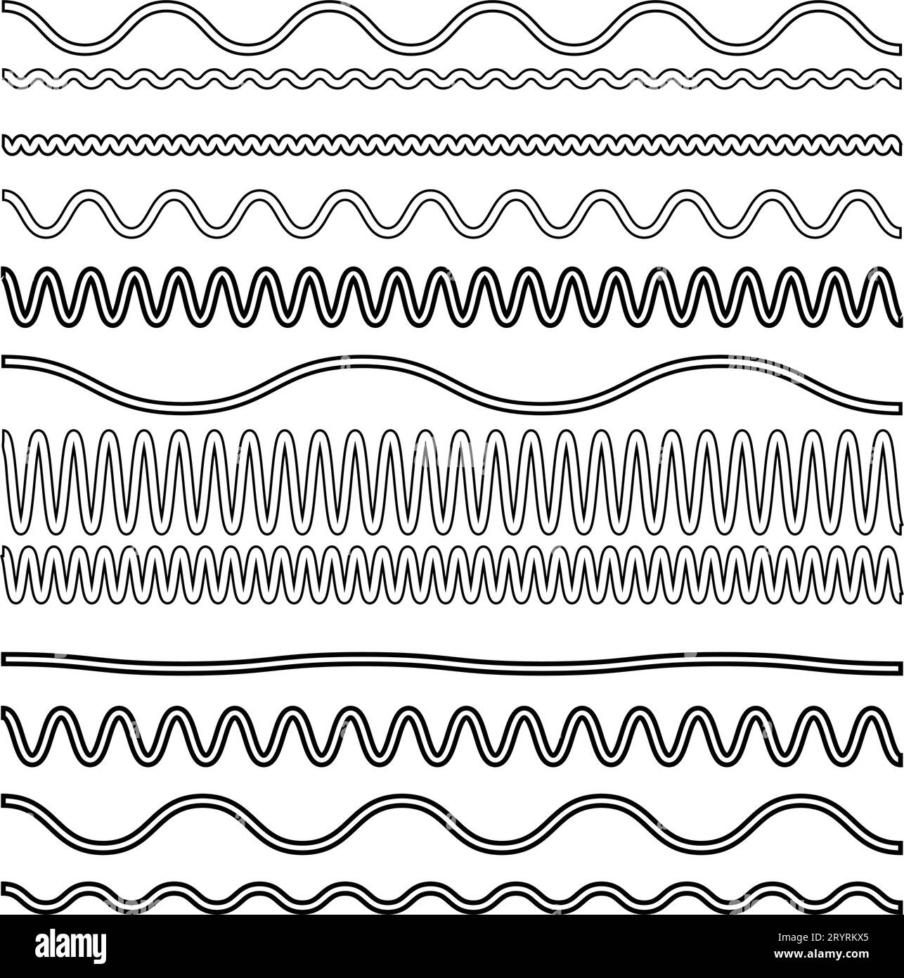 linee nere a zig-zag. Le linee e le onde a zig-zag vettoriali, le linee ondulate a zig-zag ondulano incorniciano con un sobbalzo. bordi paralleli. Design di grafica ad acqua senza cuciture. Illustrazione Vettoriale