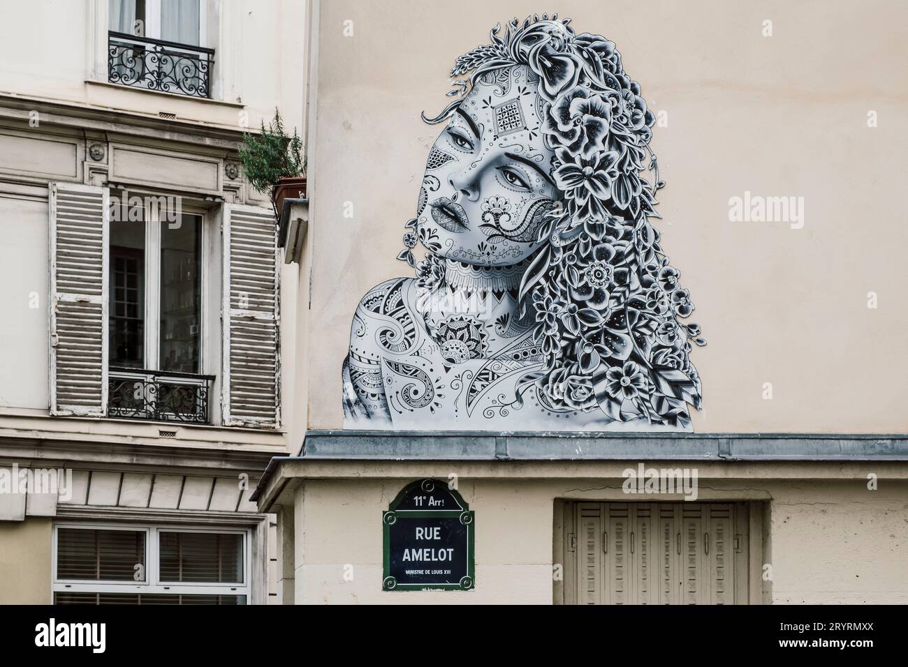 Street art in Rue Amelot nell'undicesimo arrondissement di Parigi Foto Stock