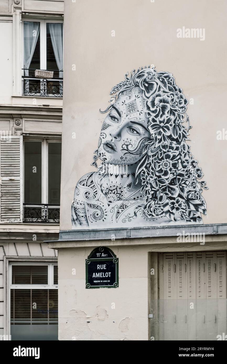 Street art in Rue Amelot nell'undicesimo arrondissement di Parigi Foto Stock