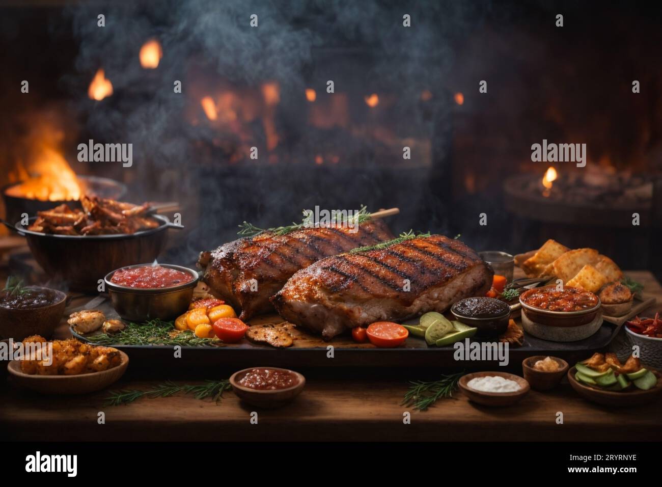 Un'immagine attraente di un piatto di carne arrosto con un succulento taglio di proteine, accompagnato da patate e una vasta gamma di verdure colorate Foto Stock