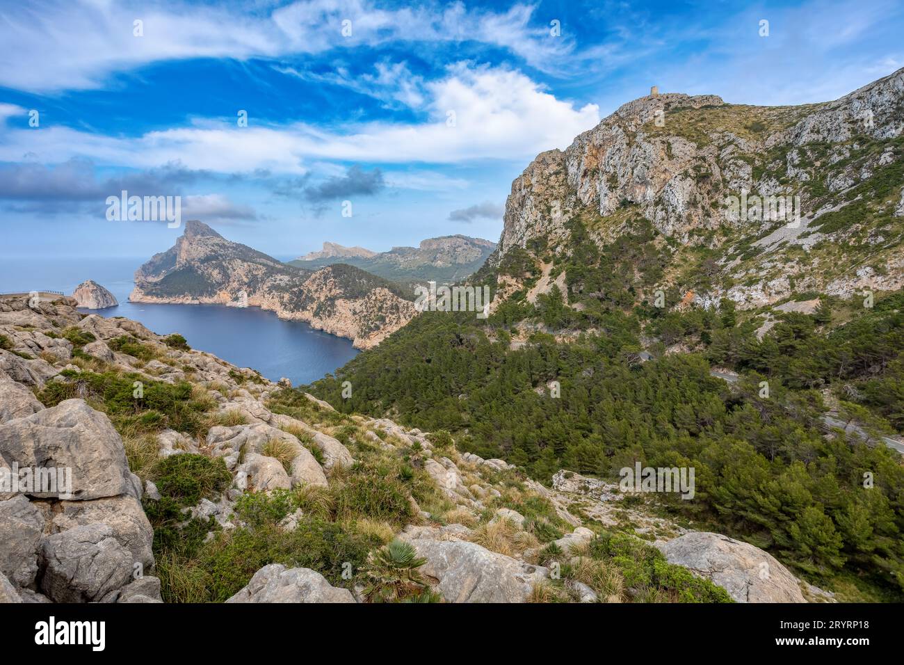 Vista dal Mirador de es Colomer, Isole Baleari, Maiorca Spagna. Foto Stock