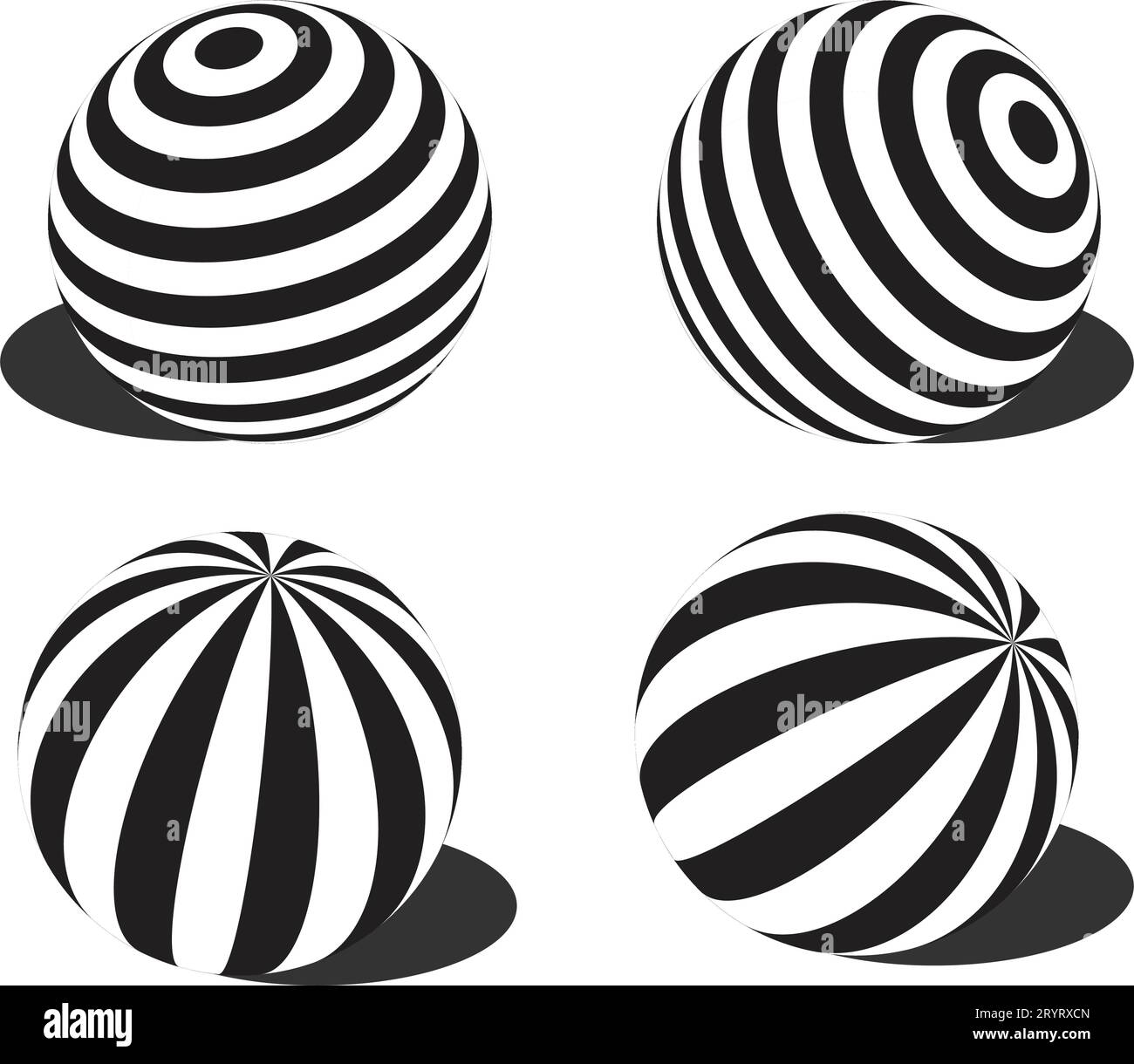 Sfere a strisce. sfera 3d. Set di sfere e sfere su sfondo bianco con un'ombra. Illustrazione vettoriale. Sfera o sfera, forme Illustrazione Vettoriale