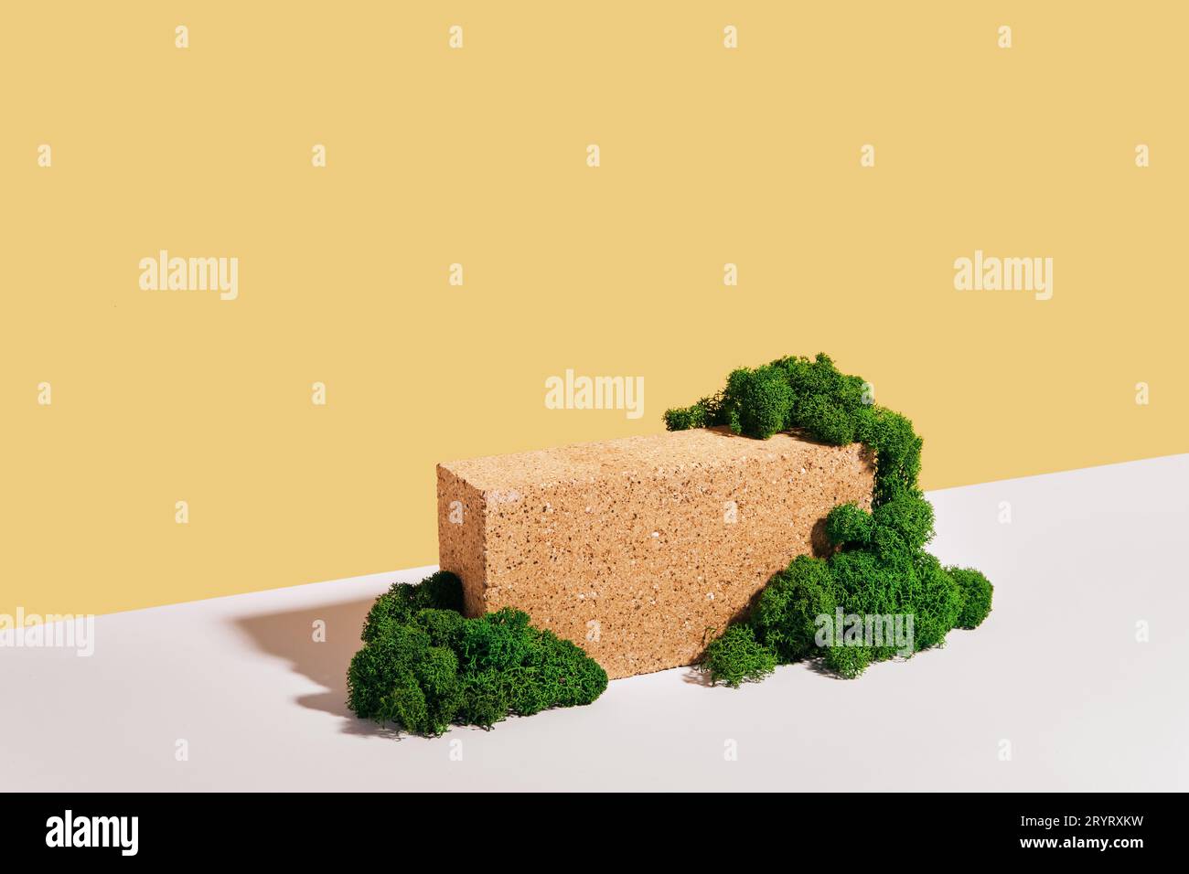 Podio fatto di mattoni e muschio. Mockup per prodotti e accessori. Design biometrico, vista isometrica Foto Stock