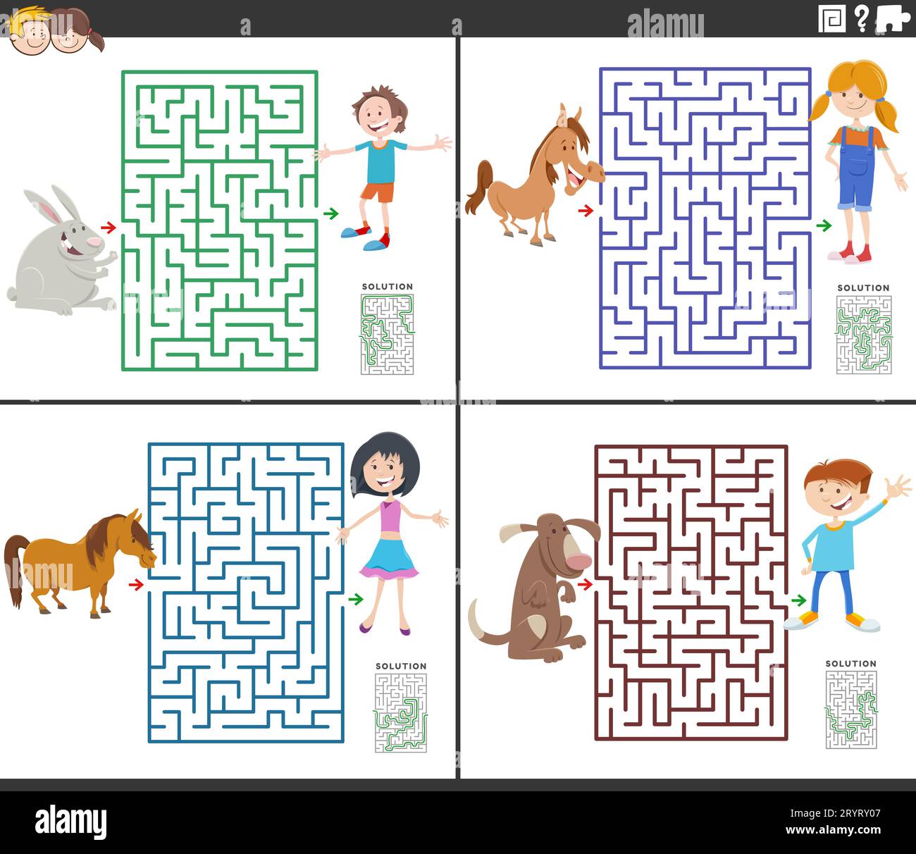 Illustrazione cartoon di attività didattiche puzzle labirinto set con i bambini e i loro animali Foto Stock