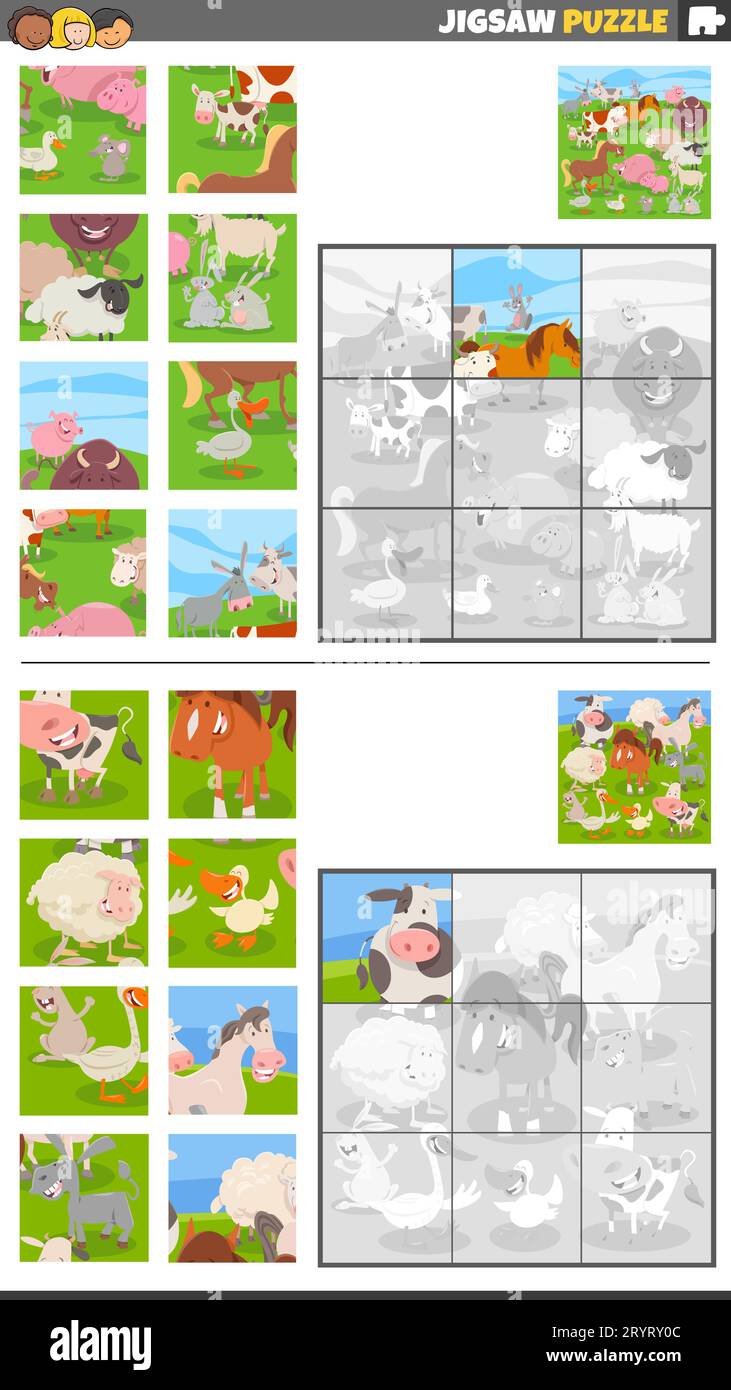 Illustrazione di cartoon di giochi di puzzle educativi jigsaw insieme con il gruppo di caratteri animali della fattoria Foto Stock