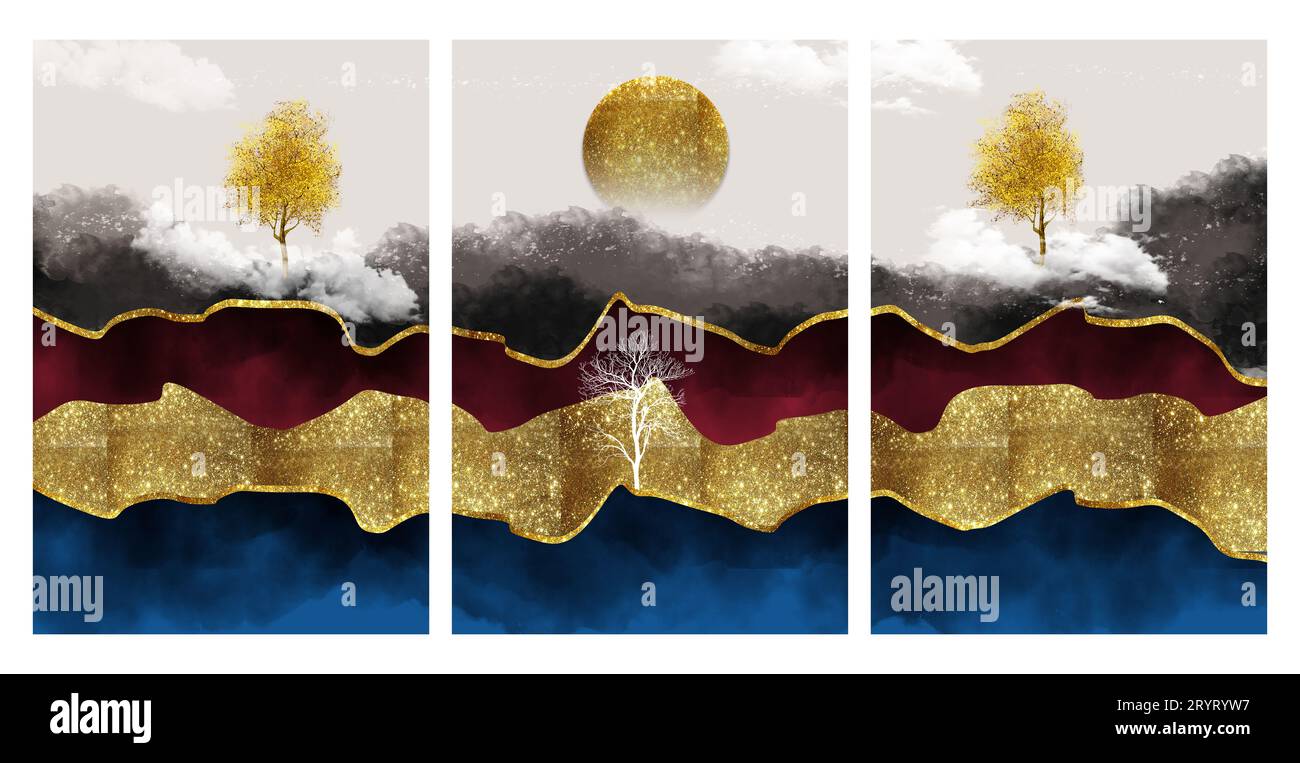 montagne colorate dorate, blu e rosse. sfondo di un paesaggio collinare 3d golden sun and tree. cornice da parete in tela da 3 pezzi. Foto Stock