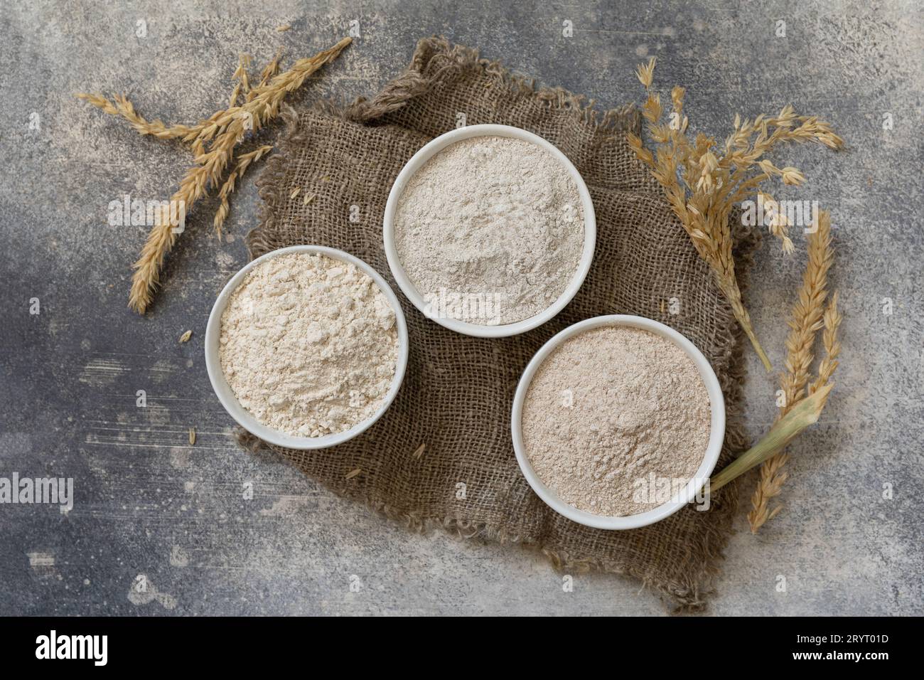 Cibo e ingredienti da forno. Farina di frumento grossolano di grano integrale, crusca di frumento e farina di frumento su fondo di pietra grigia. T Foto Stock