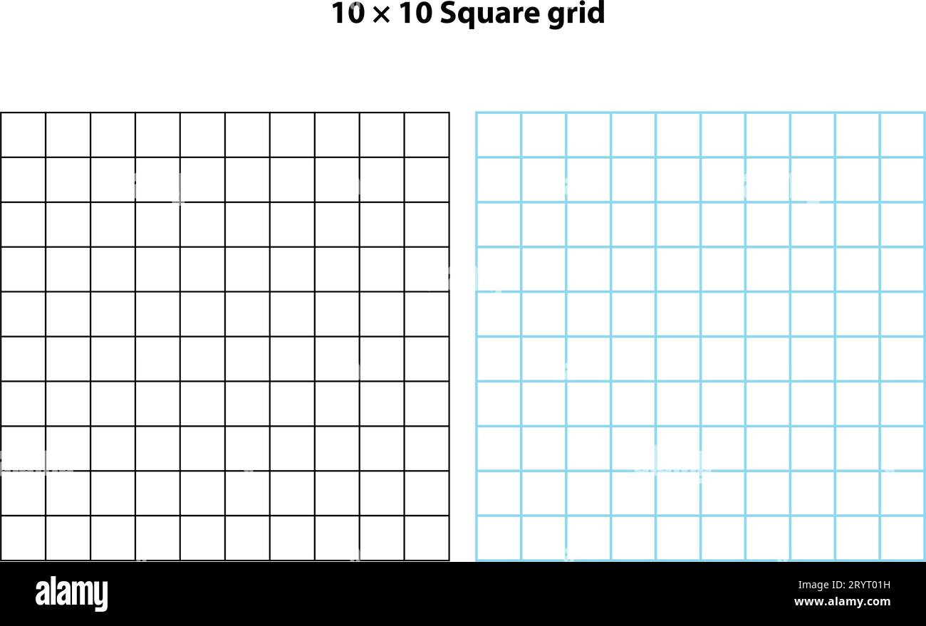 Griglia quadrata con 10 x 10 quadrati, sfondo trama griglia, illustrazione vettoriale. Sfondo bianco con linee di griglia astratte e linee quadrate nere. Illustrazione Vettoriale