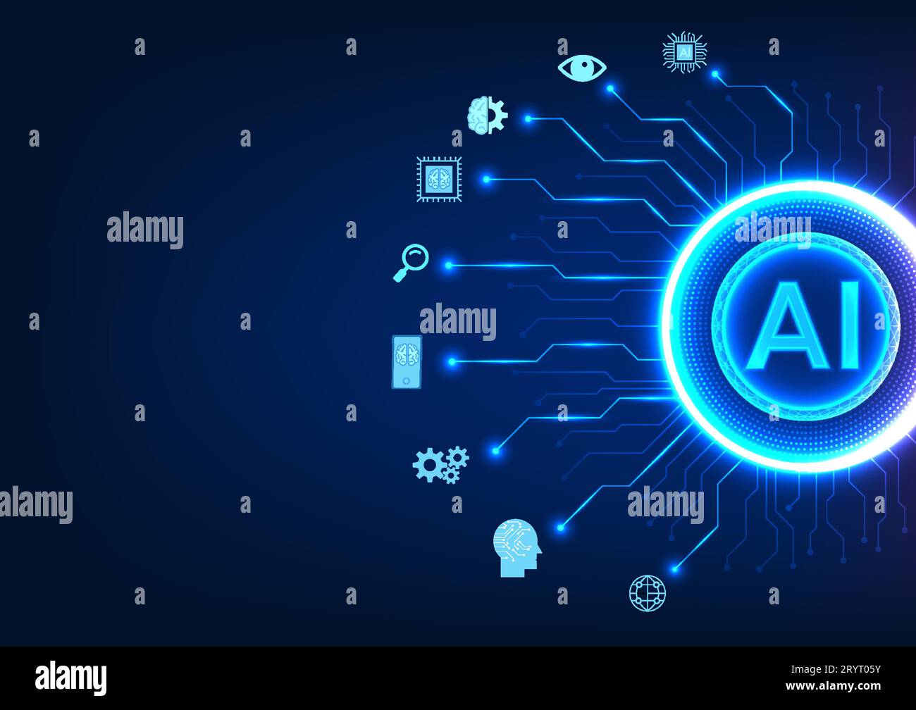 Il cerchio della tecnologia dell'intelligenza artificiale ha un chip ai al suo interno con un cerchio collegato a un'icona della tecnologia. La tecnologia DELL'INTELLIGENZA ARTIFICIALE gioca un ruolo importante nel technolo Illustrazione Vettoriale