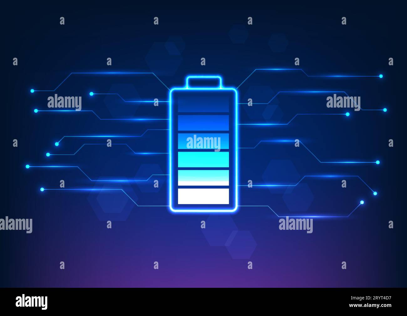 La tecnologia della batteria è collegata al circuito. Si tratta di un'illustrazione vettoriale in toni blu. Lo sfondo è costituito da forme geometriche. Il concetto di batteria Illustrazione Vettoriale