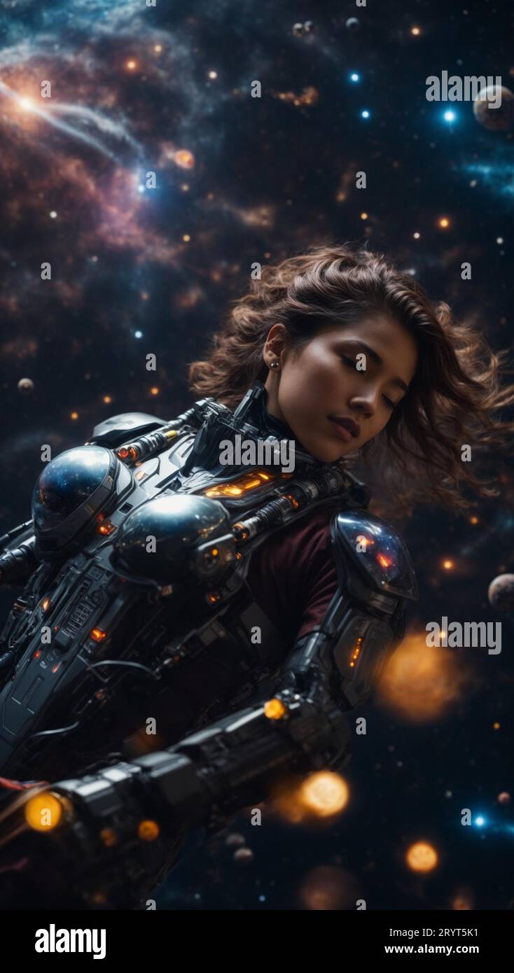 Una figura femminile con un'armatura futuristica nera e rossa sta con uno spazio tra di lei Foto Stock