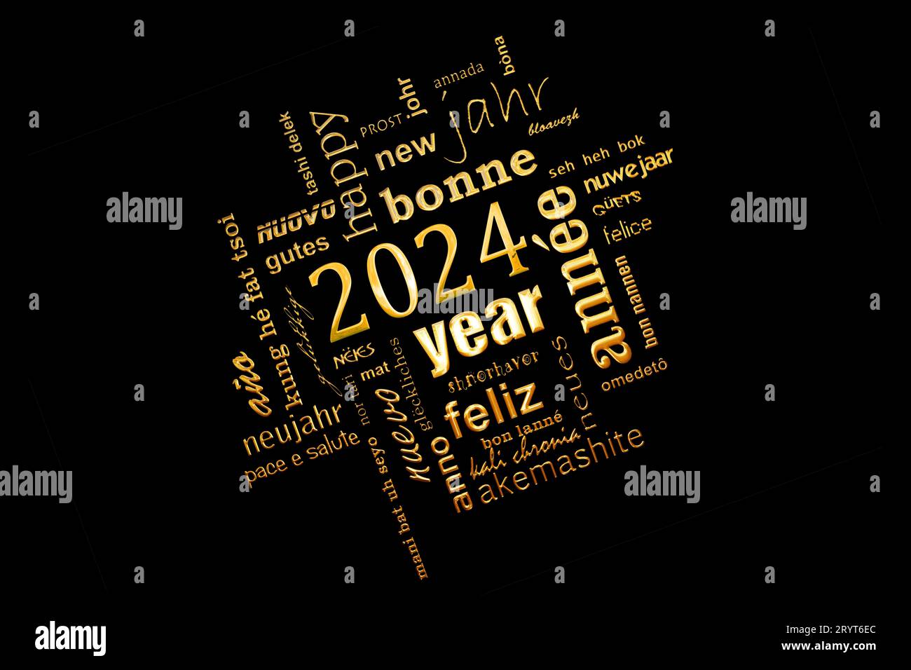 nuovo anno 2024 biglietto d'auguri multilingue con testo dorato a nuvola quadrato su sfondo nero Foto Stock