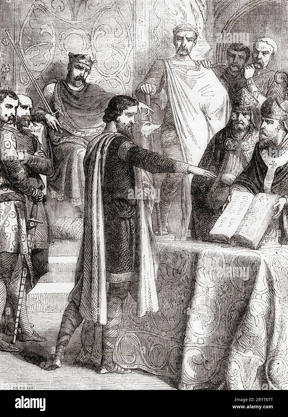 Harold Godwinson, giurando di mantenere i diritti del duca di Normandia al trono inglese, 1064. Harold Godwinson, c. 1022–1066, alias Harold II Ultimo re anglosassone inglese incoronato. Da Cassell's Illustrated History of England, pubblicato nel 1857. Foto Stock