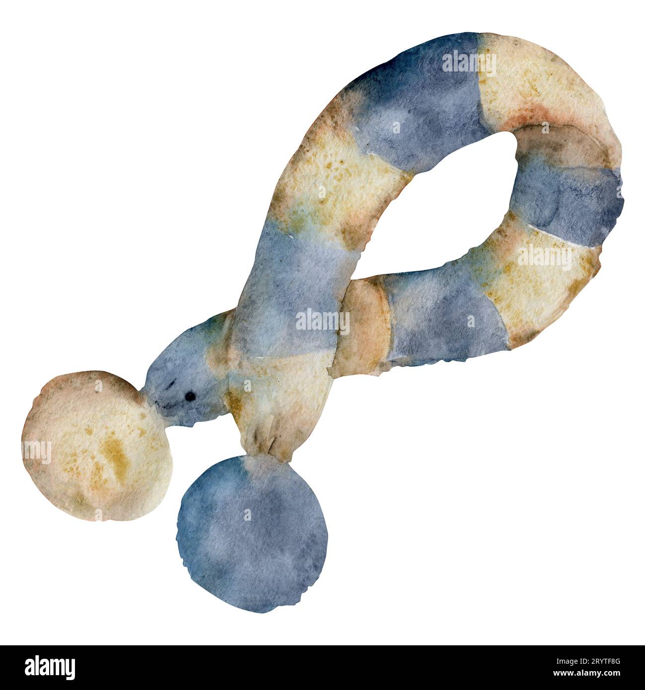 Illustrazione ad acquerello disegnata a mano. Sciarpa in maglia blu indaco beige a righe in lana con pompon, abbigliamento eco fatto a mano. Oggetto singolo isolato su bianco Foto Stock
