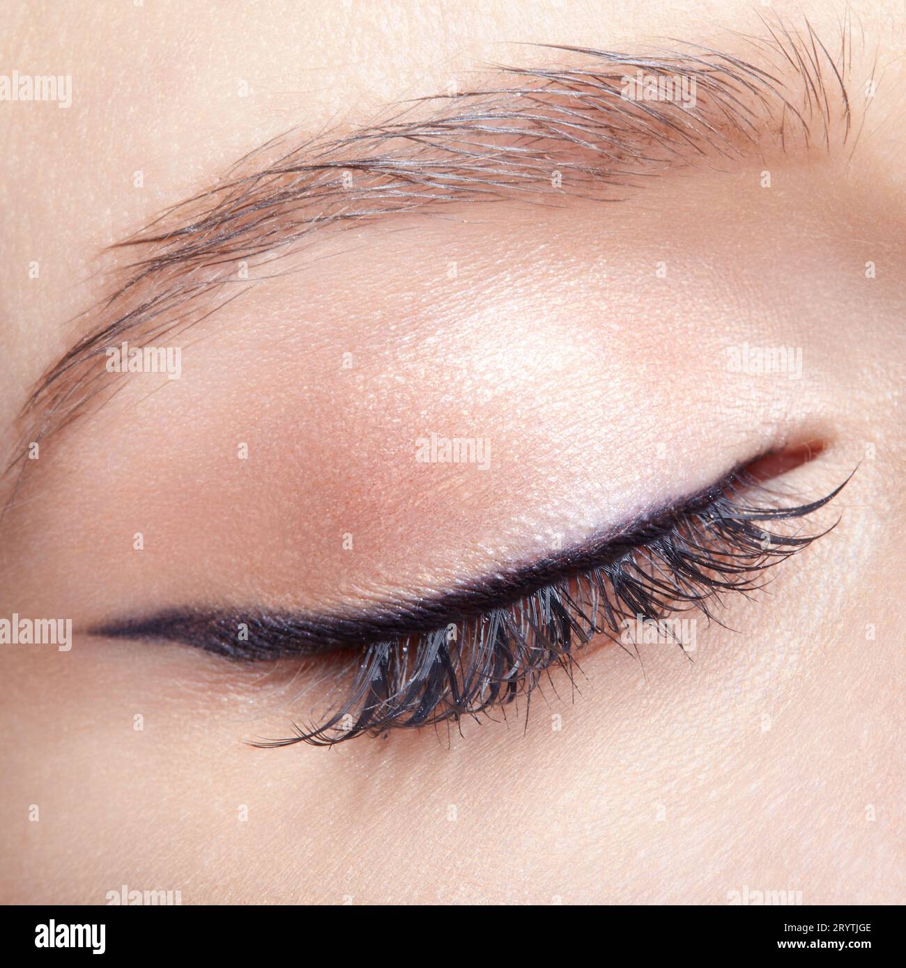 Closeup macro shot di occhio umano femmina chiuso. Donna con naturale Vogue viso trucco bellezza. Ragazza con pelle perfetta e occhi rosa chiaro ombre. Foto Stock