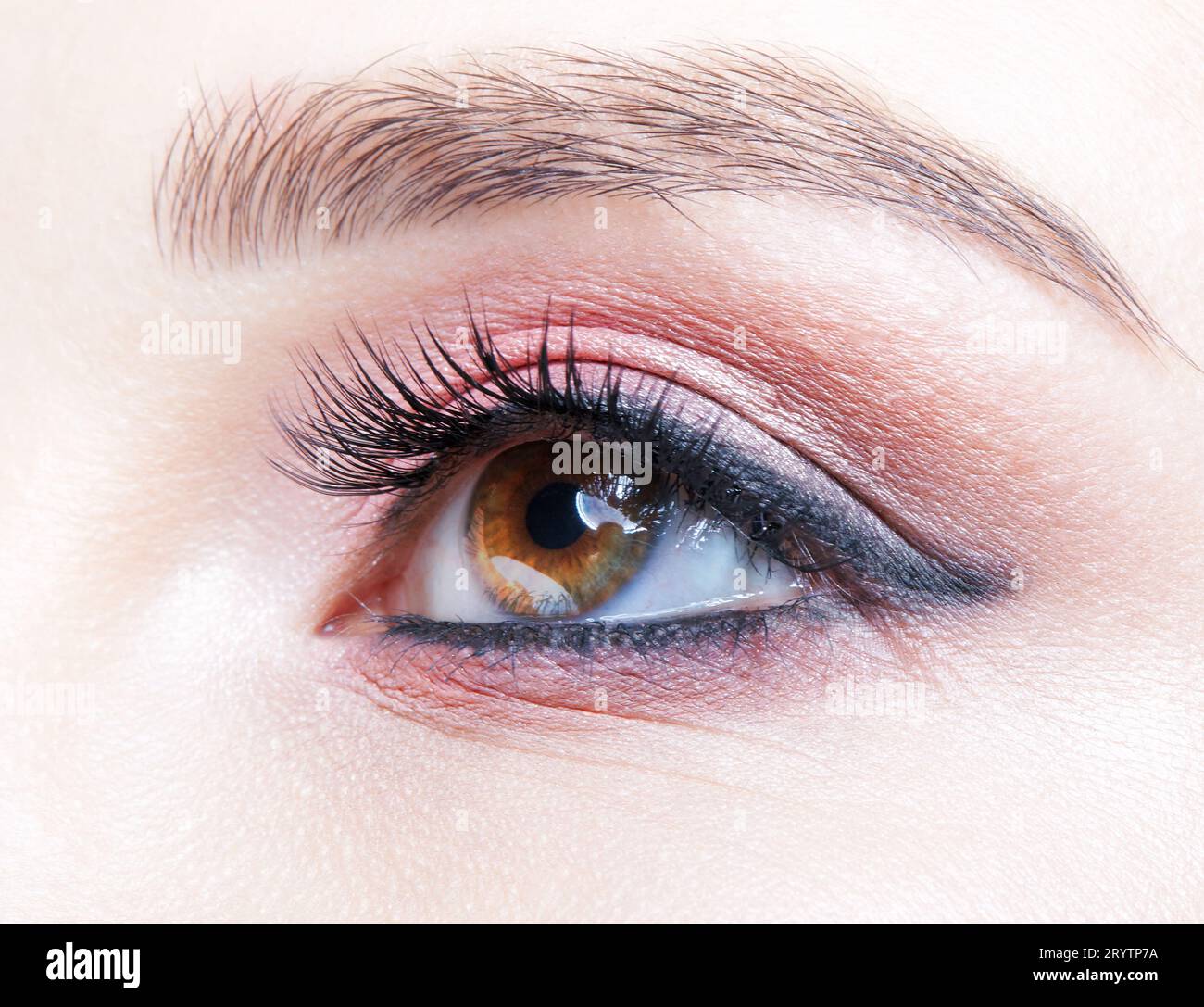 Macro closeup dell'occhio umano femminile con ombre degli occhi rosa Foto Stock
