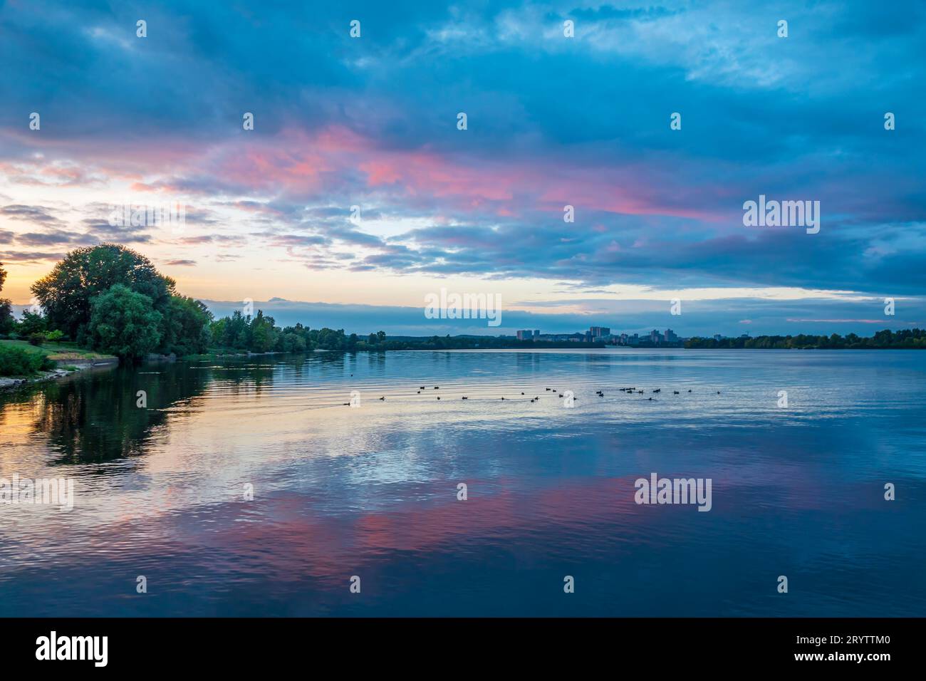 Tramonto colorato sul fiume. Cielo al tramonto che si riflette nell'acqua speculare con anatre selvatiche galleggianti Foto Stock