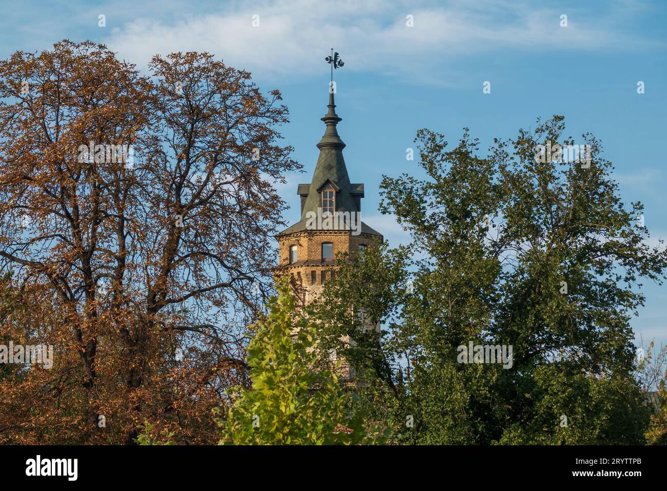 Pittoresca vecchia torre tra gli alberi. Vecchia torre universitaria Foto Stock