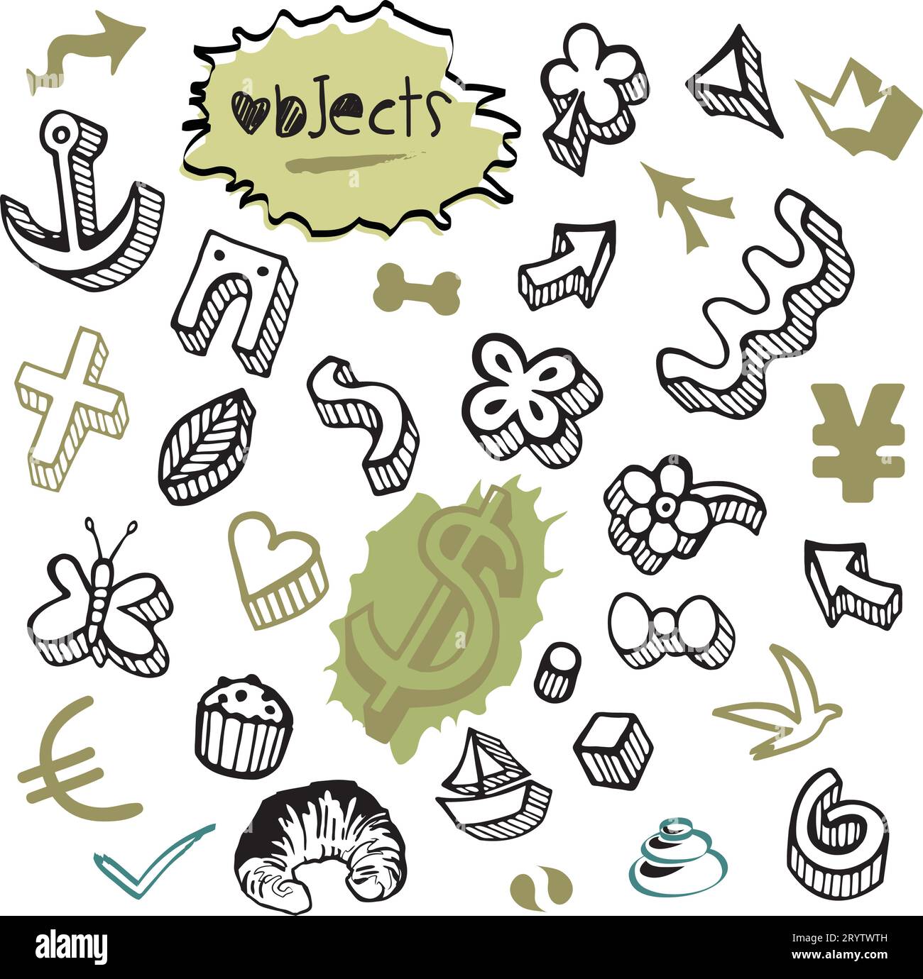Set di oggetti oggetti elementi icone con valuta, Euro e Dollar Money Doodles in vari colori - illustrazione disegno vettoriale da disegno a mano Illustrazione Vettoriale