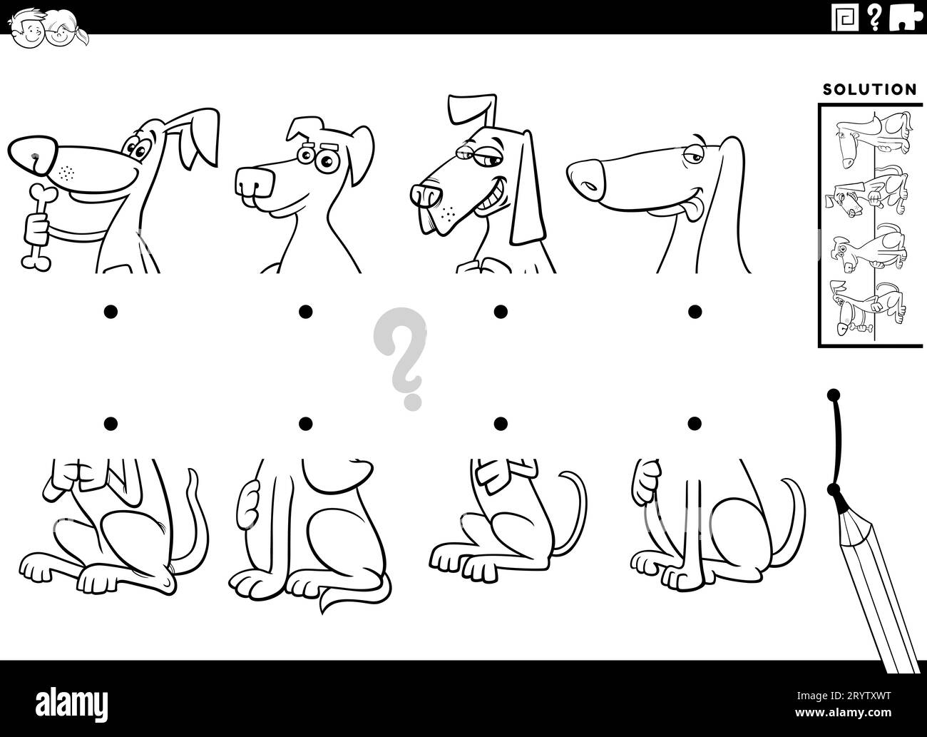 Cartoni animati in bianco e nero che illustra l'attività didattica di abbinare metà delle immagini con divertenti pagine da colorare per cani personaggi animali Foto Stock