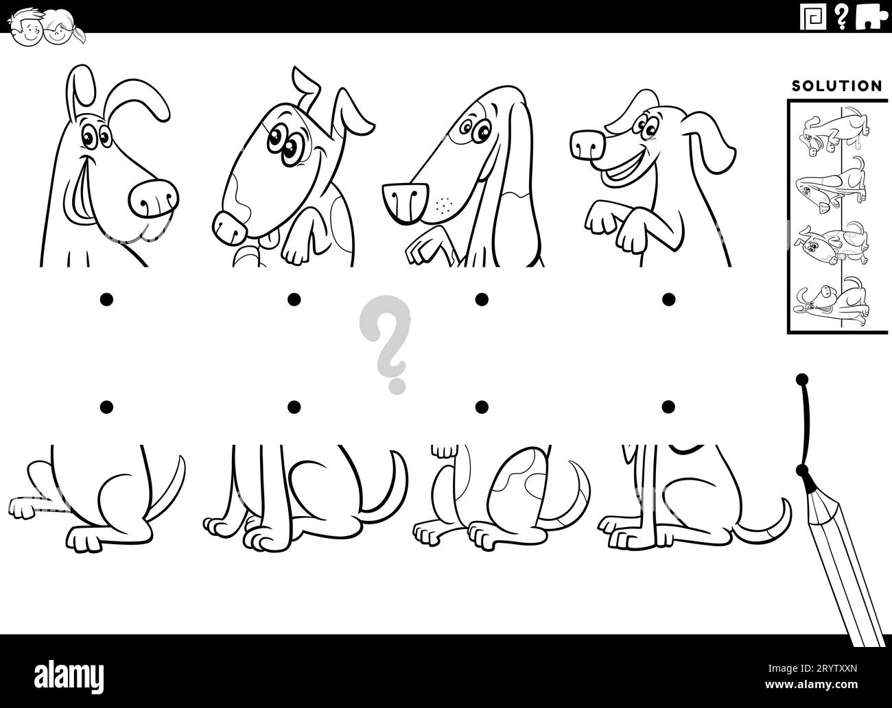 Illustrazione di cartoni animati in bianco e nero che illustra l'attività didattica di abbinare metà delle immagini a divertenti pagine di colorazione dei personaggi degli animali gatti Foto Stock