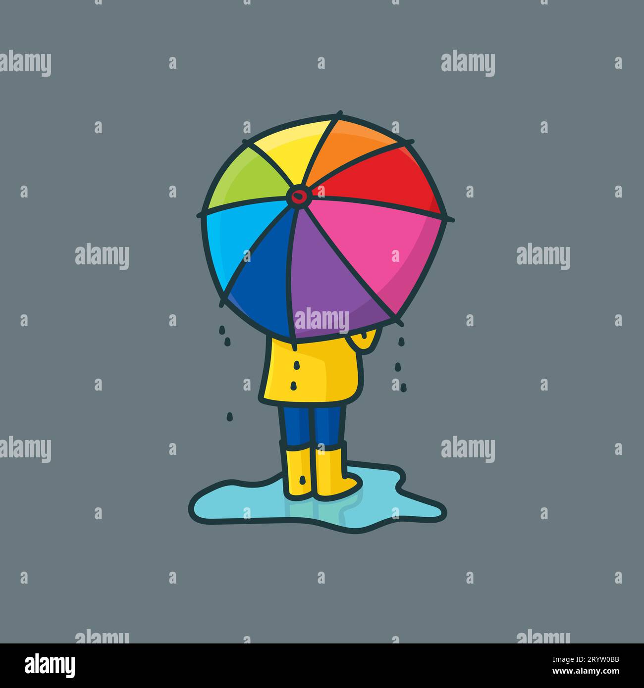 Bambino con ombrello colorato arcobaleno in piedi nell'illustrazione vettoriale della pozzanghera per il National Umbrella Day del 10 febbraio Illustrazione Vettoriale