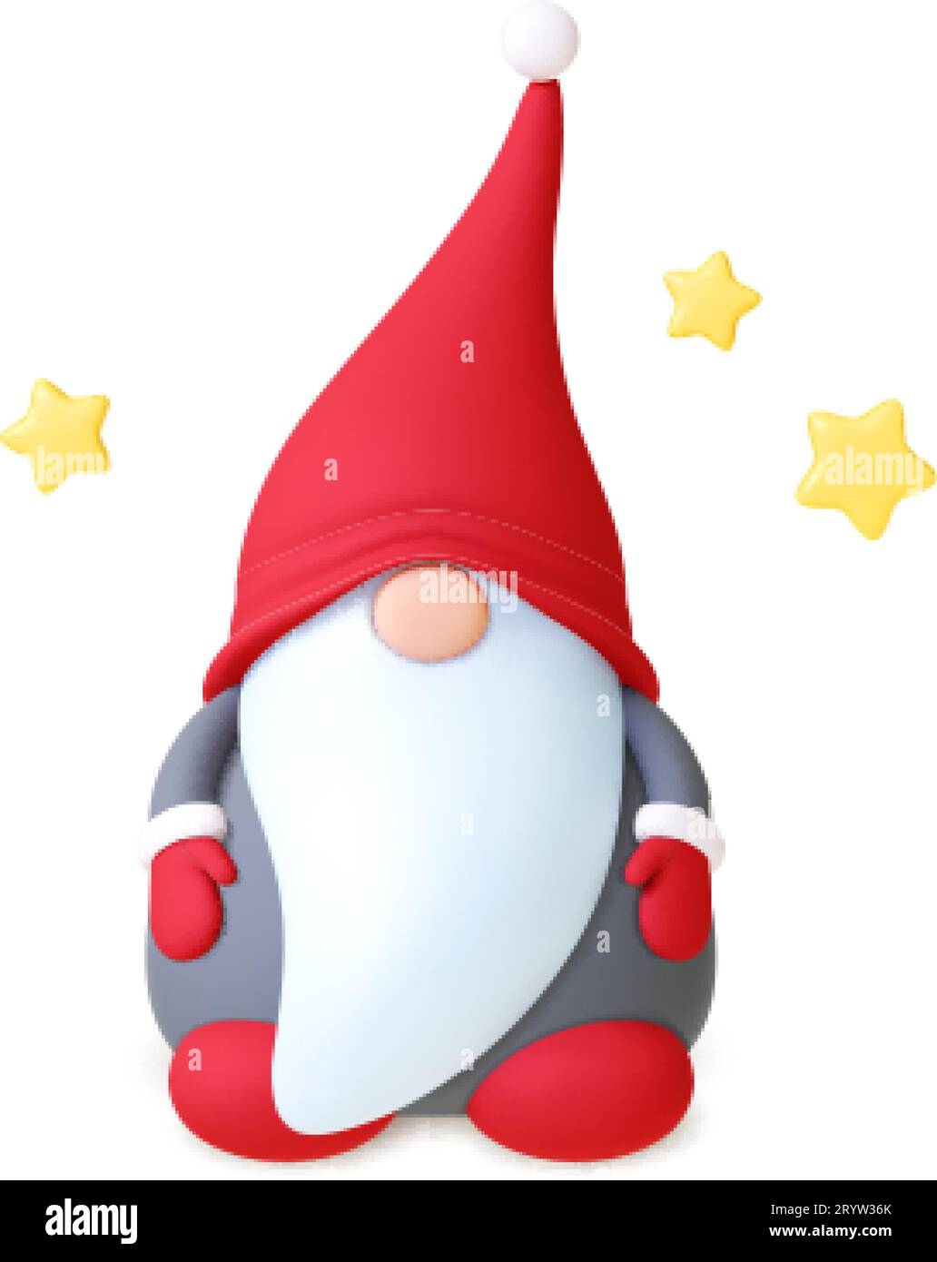 Personaggio GNOME 3d del cartone animato. Design nano di natale realistico e isolato. Persona magica con barba a berretto rosso e stelle intorno, vettore fiabesco Illustrazione Vettoriale