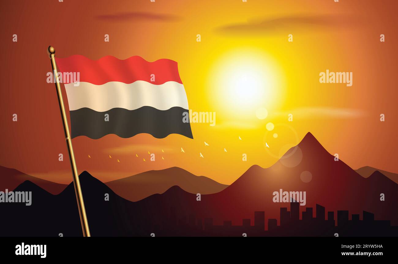 Bandiera dello Yemen con sfondo al tramonto di montagne e laghi Illustrazione Vettoriale