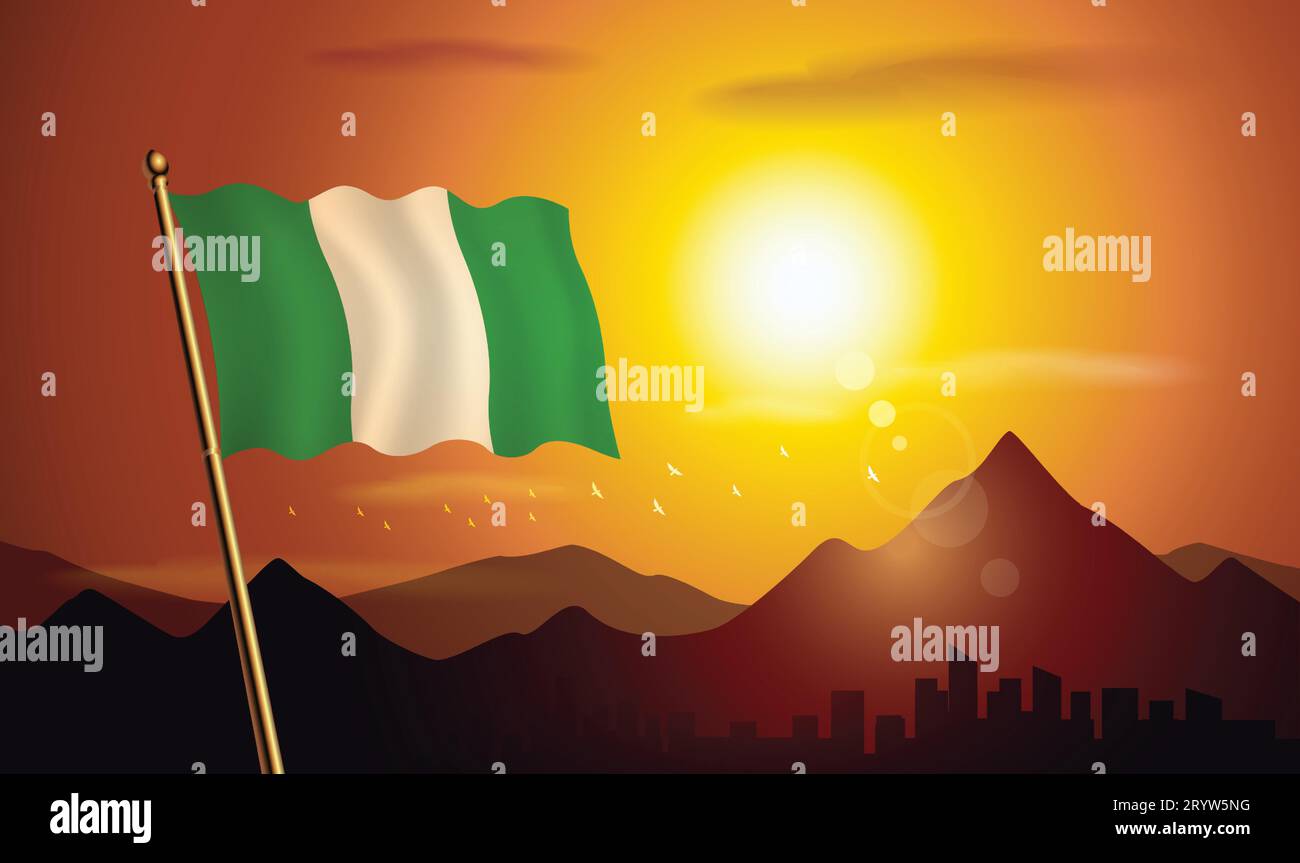 Bandiera nigeriana con sfondo al tramonto di montagne e laghi Illustrazione Vettoriale