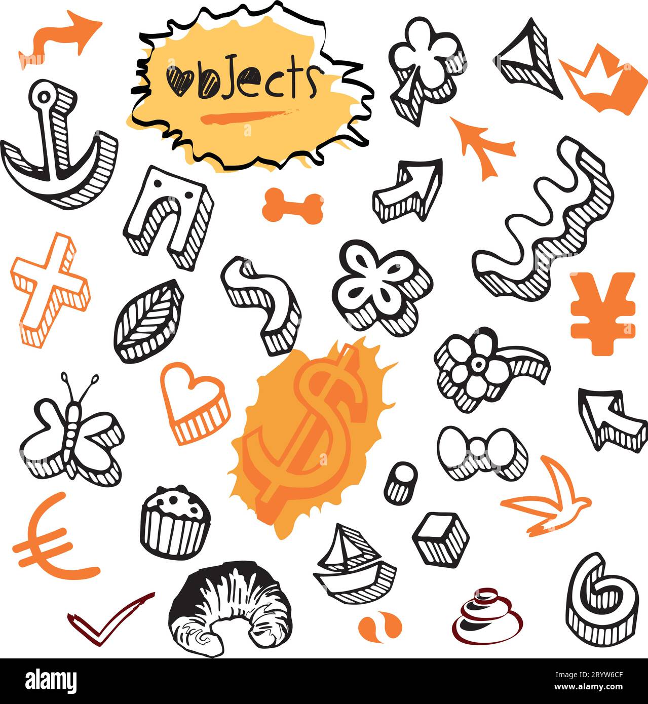 Set di oggetti oggetti elementi icone con valuta, Euro e Dollar Money Doodles in vari colori - illustrazione disegno vettoriale da disegno a mano Illustrazione Vettoriale