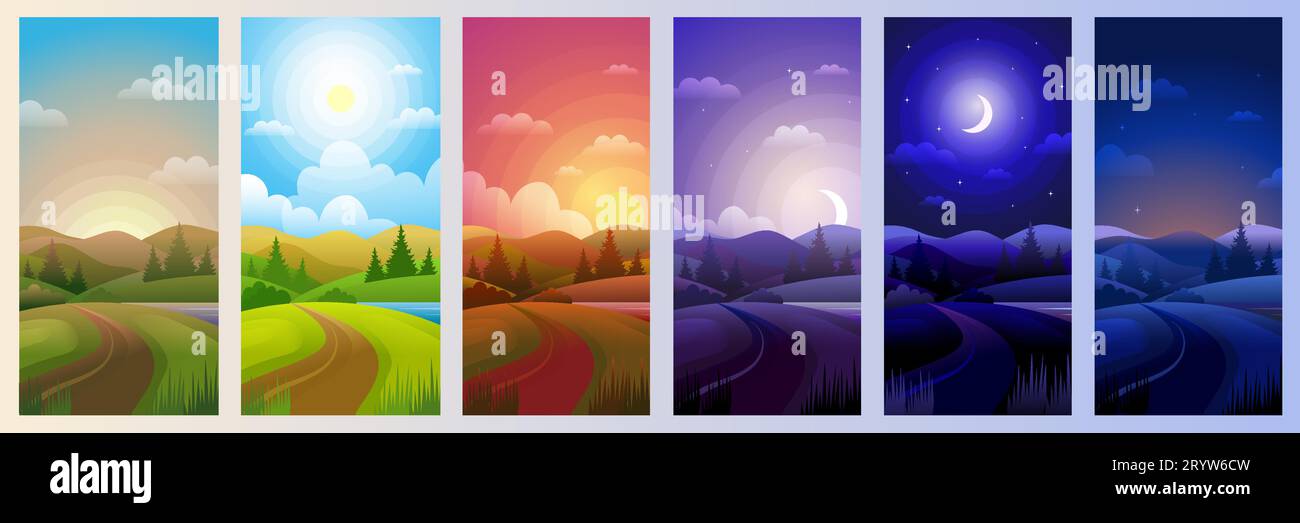 Parti diurne. Paesaggio di notte mattina mezzogiorno tramonto sfondo recente modello di cartoni animati vettoriali Illustrazione Vettoriale