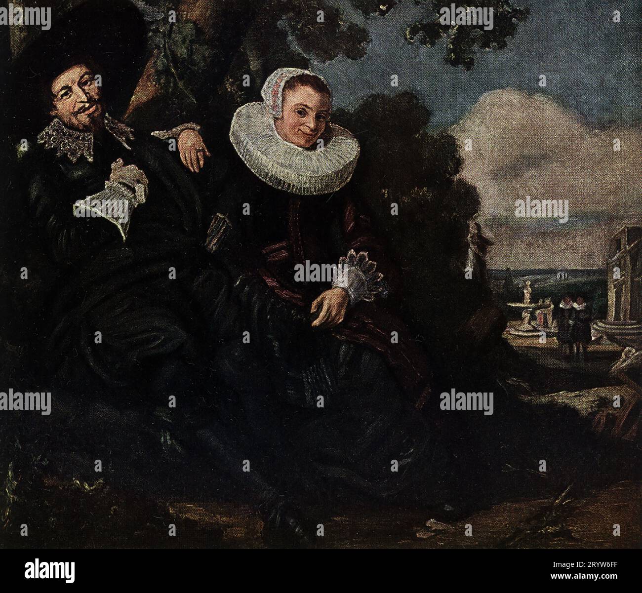 Questo dipinto di Franz Hals e sua moglie è stato fatto da Franz Hals (1580?-1666), un membro della Thr Diutch School di Haarlem, si trova nel Rijks Museum di Amsterdam. Frans Hals il Vecchio fu un pittore olandese del secolo d'Oro, principalmente ritratti individuali e di gruppo e opere di genere, che visse e lavorarono ad Haarlem. Hals giocò un ruolo importante nell'evoluzione della ritrattistica di gruppo del XVII secolo. È noto per il suo lavoro di pennellate pittoriche. Foto Stock