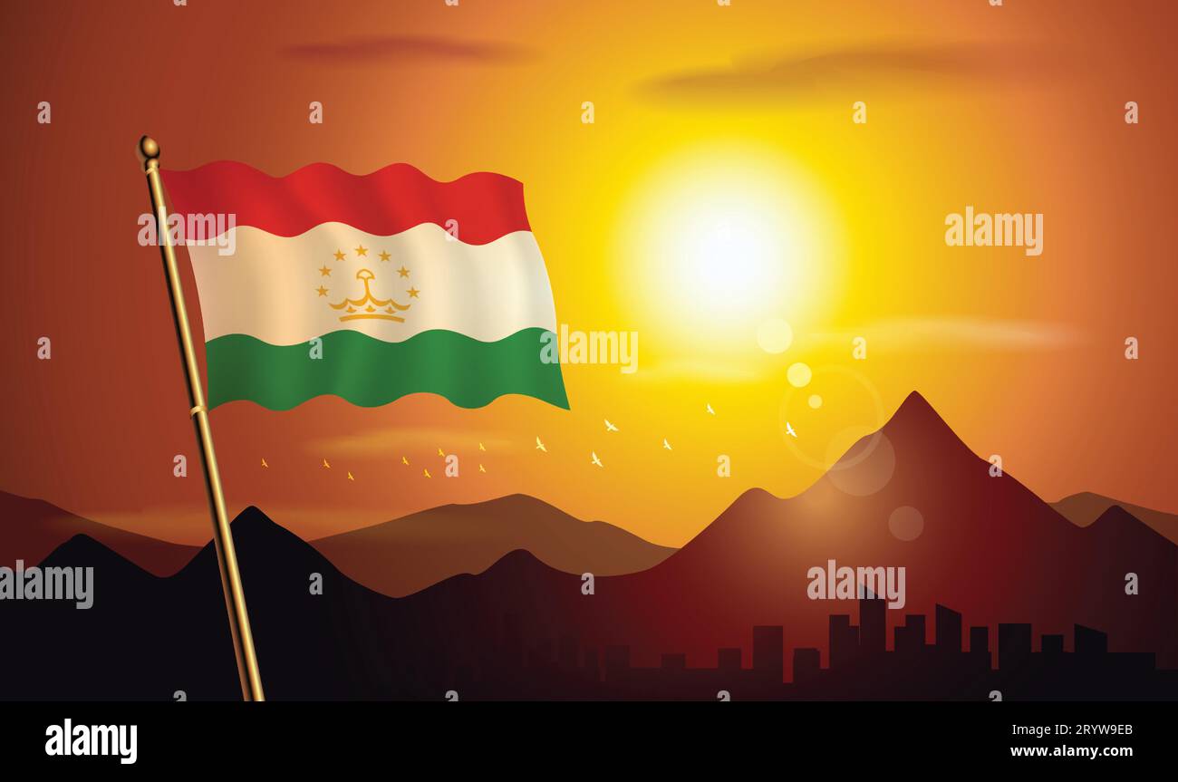 Bandiera del Turkmenistan con sfondo al tramonto di montagne e laghi Illustrazione Vettoriale