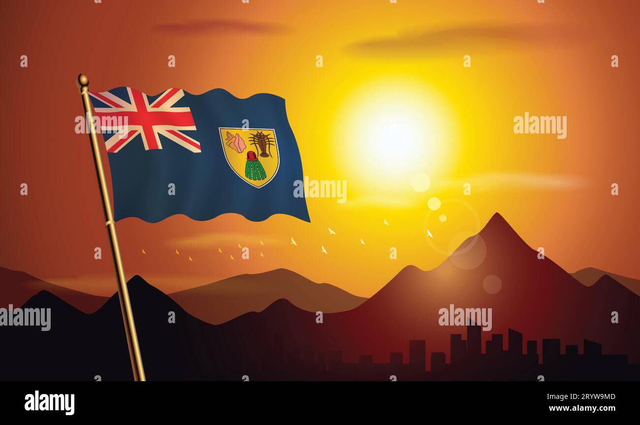 Bandiera di Turk e Caicos con sfondo al tramonto di montagne e laghi Illustrazione Vettoriale