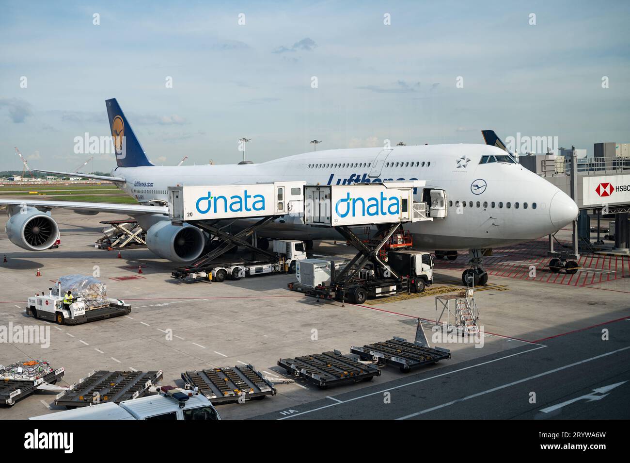 13.07.2023, Singapur, Republik Singapur, Asien - Ein Passagierflugzeug der Lufthansa vom Typ Boeing 747-8 Jumbo-Jet mit der Registrierung D-ABYI parkt Am Gate des Terminal 2 auf dem Flughafen Singapur-Changi. Lufthansa ist Mitglied der Star Alliance Luftfahrtallianz, einem internationalen Netzwerk von Fluggesellschaften. *** 13 07 2023, Singapore, Repubblica di Singapore, Asia Un aeromobile passeggeri Lufthansa Boeing 747 8 Jumbo Jet con registrazione D ABYI Parks al Terminal 2 dell'aeroporto Changi di Singapore Lufthansa è membro dell'alleanza aerea Star Alliance, una rete internazionale Foto Stock